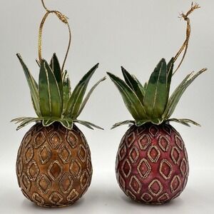 Pineapple Christmas Tree Ornaments Set of 2 Amber Gold Burgundy Holiday Decor